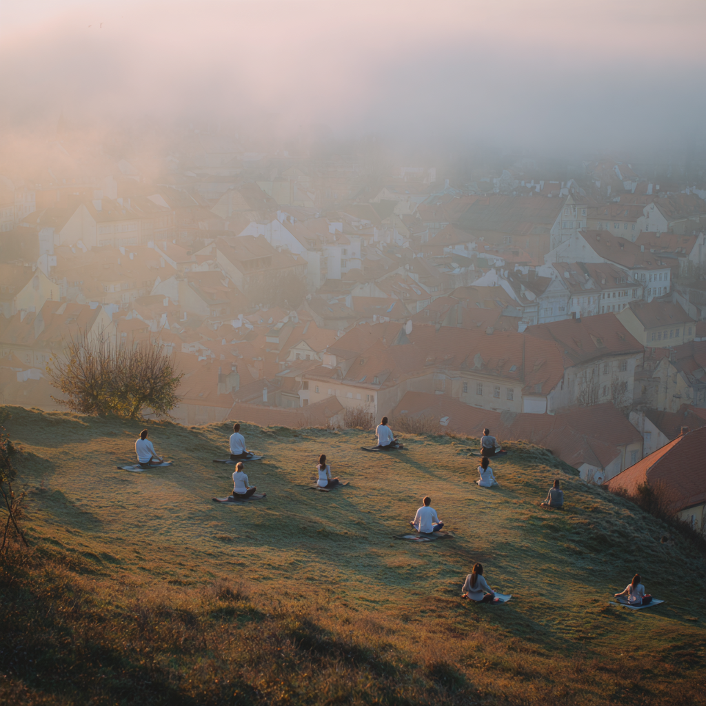 Skupina lidí praktikujících jógu v klidném prostředí